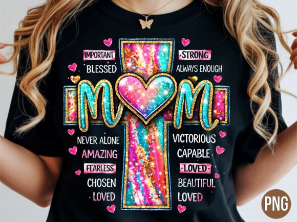 Colorful Christian Mom Cross Heart PNG for T-Shirt Designs