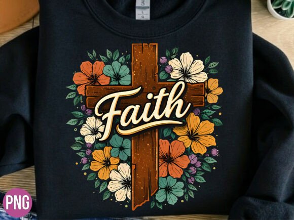 Faith Christian Cross Floral Rustic PNG for T-Shirt Designs