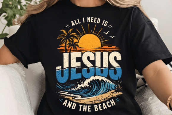 Jesus Beach Sunset Wave Design PNG for T-Shirt Designs