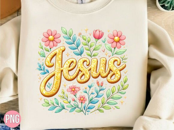 Jesus Floral Golden Glitter Text PNG for T-Shirt Designs