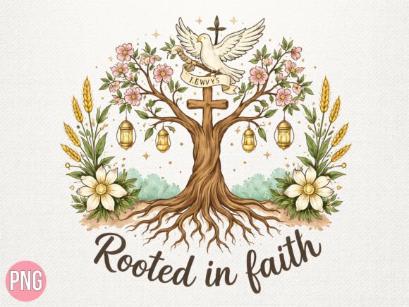 Rooted in Faith Christian Tree PNG for T-Shirt Designs